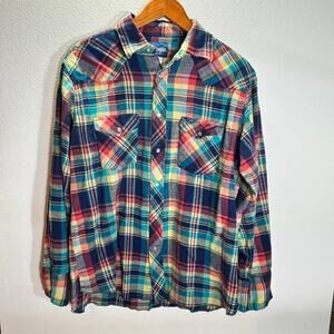 Wrangler Western Flannel Shirt Men’s Large Multicolor Plaid Long Sleeve